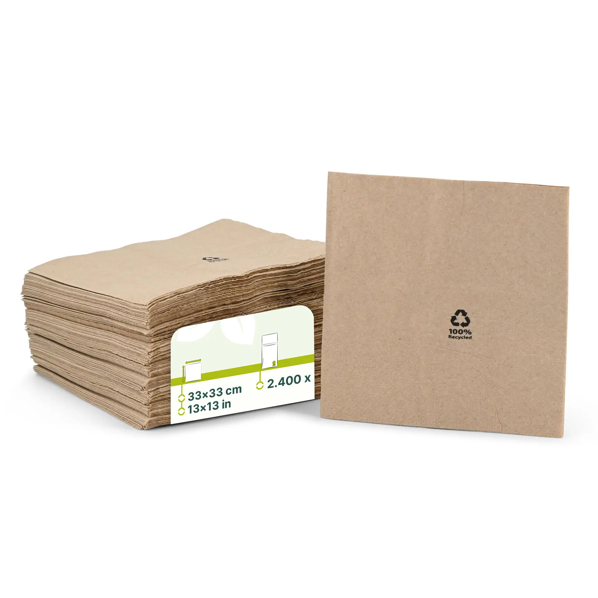 Recycled paper napkins stacked with one napkin unfolded, showing subtle recycling print and 2-ply thickness.